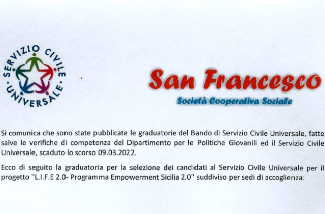 Pubblicate le graduatorie del Bando di Servizio Civile Universale, progetto “L.I.F.E. 2.0 – Programma Empowerment Sicilia 2.0” suddiviso per sedi di accoglienza